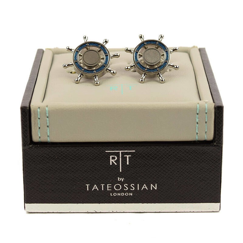TATEOSSIAN Rhodium Plated Blue Enamel SHIP WHEEL Rotating Cufflinks NIB